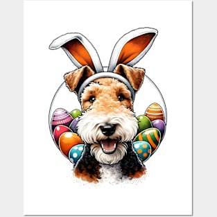 Wire Fox Terrier with Bunny Ears Celebrates Easter Festivities Posters and Art